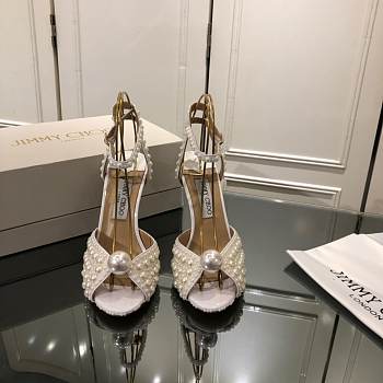 SACORA 100 White Satin Sandals with All Over Pearls