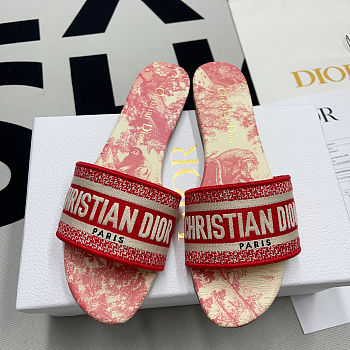 DWAY SLIDE Embroidered Cotton and Indy Red Multicolor Toile de Jouy Voyage Motif KCQ209VOY_S67P