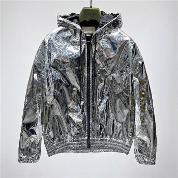 GUCCI SILVER GG EMBOSSED FABRIC BOMBER JACKET