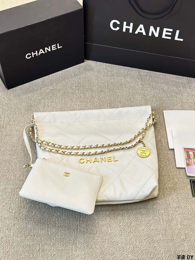 Chanel 22 calfskin white bag  double C gold coin pendant  big size - 33cm  - 1