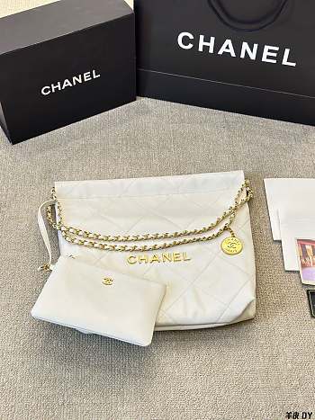 Chanel 22 calfskin white bag  double C gold coin pendant  big size - 33cm 