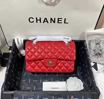 Chanel Flap Bag Red Lambskin Silver size 23cm