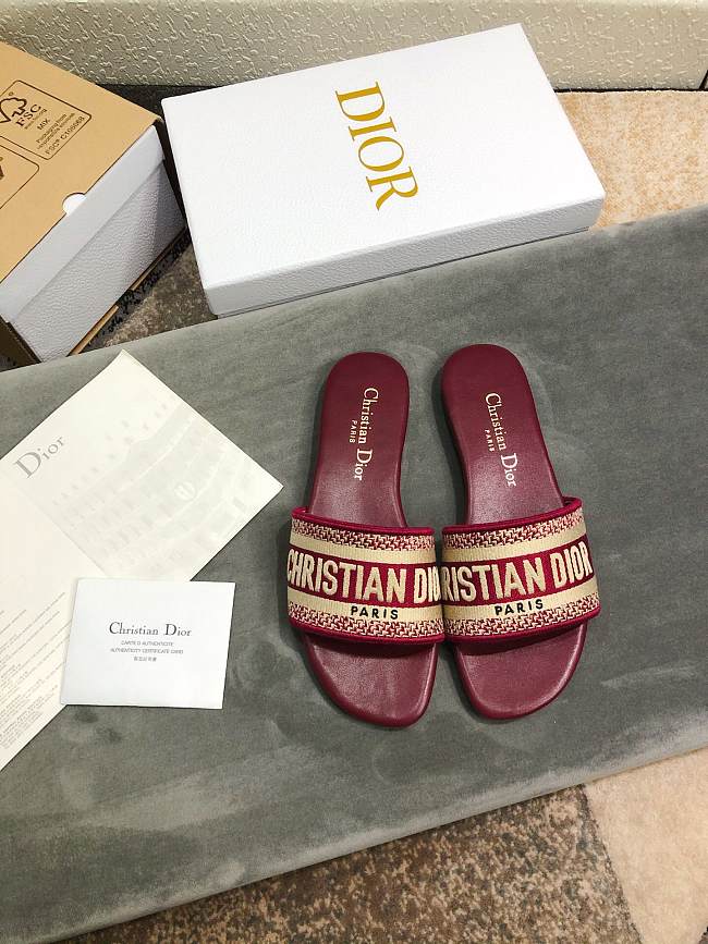 Dior Red Embroidered Logo Canvas Dway Flat Sandals - 1