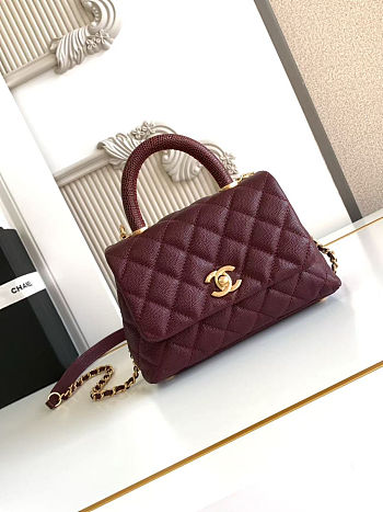 Chanel Burgundy Quilted Caviar Leather and Lizard Small Coco Handle Bag - size; 19x13x9cm