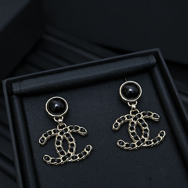 Chanel leather and black gold double C earrings - 1