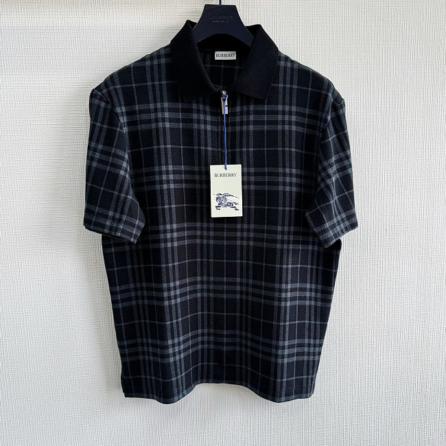 Burberry Navy Check Stretch Cotton Blend Polo - 1