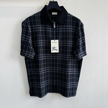 Burberry Navy Check Stretch Cotton Blend Polo