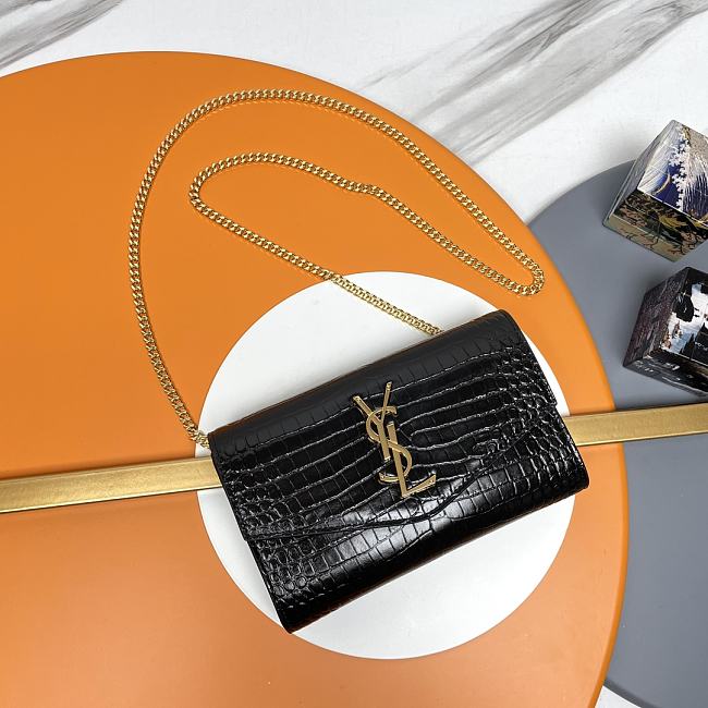 YSL Uptown Chain Wallet In Shiny Crocodile-Embossed Leather - size: 19x12x4cm - 1
