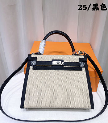 HERMES Toile Quadrille Swift Kelly White Black - size: 25x10x18cm