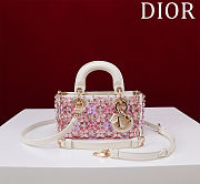 DIOR LADY D-JOY MICRO BAG WHITE CALFSKIN WITH PINK FLORAL EMBROIDERY AND STRASS Size 16 cm - 1