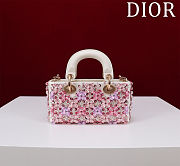 DIOR LADY D-JOY MICRO BAG WHITE CALFSKIN WITH PINK FLORAL EMBROIDERY AND STRASS Size 16 cm - 3