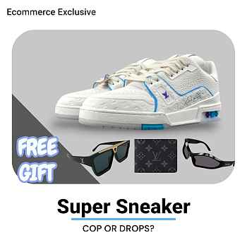 Louis Vuitton LV Trainer Sneaker in White with Blue & Purple Accents