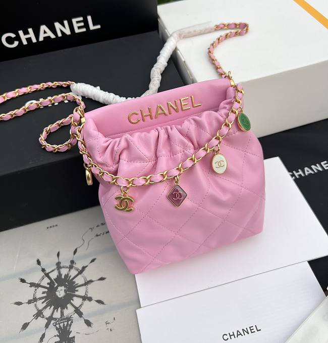 CHANEL Lambskin Resin Quilted Small Bucket Bag Pink 17*16*7cm - 1