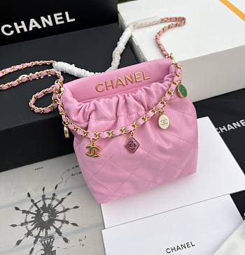 CHANEL Lambskin Resin Quilted Small Bucket Bag Pink 17*16*7cm