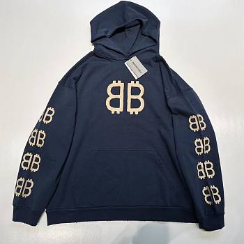 Double B printed hooded sweatshirt, loose fit, unisex blue