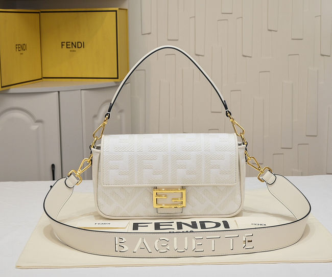 Fendi Baguette White FF Canvas Bag size 28x6.5x13.5cm - 1