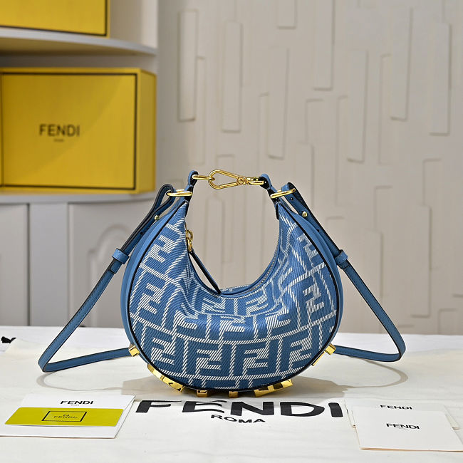Fendi Fendigraphy Mini Hobo Bag in blue denim-effect FF jacquard size 20cm - 1
