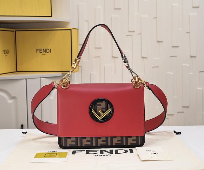 Fendi Red/Brown Leather Kan I Logo Embossed Top Handle Shoulder Bag size 25cm - 1