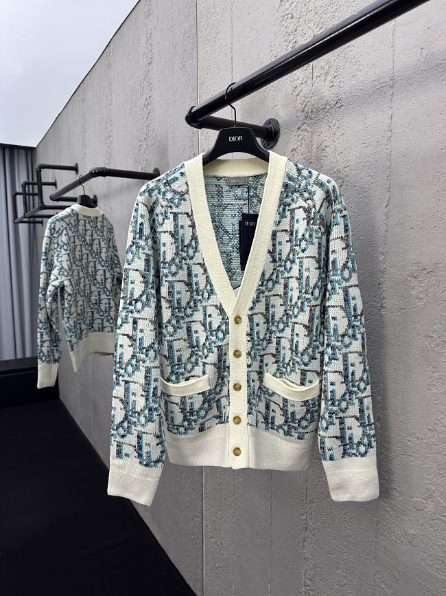 Dior Oblique Cardigan White and Blue Virgin Wool Jacquard  - 1