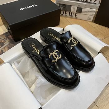 Chanel Black Leather Loafer Mules with Gold CC Logo