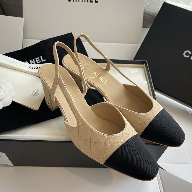 Chanel Quilted Beige & Black Slingback Flats - 1
