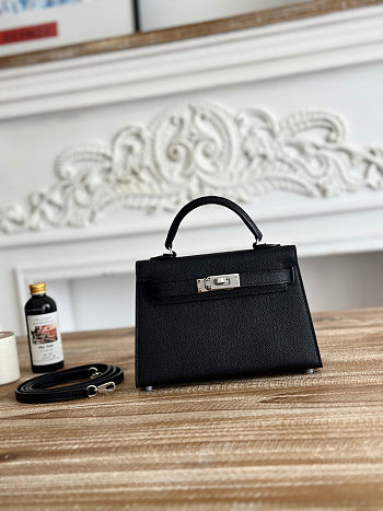  Hermès Kelly Mini Chèvre Chamkila Black Silver Buckle Size 19cm