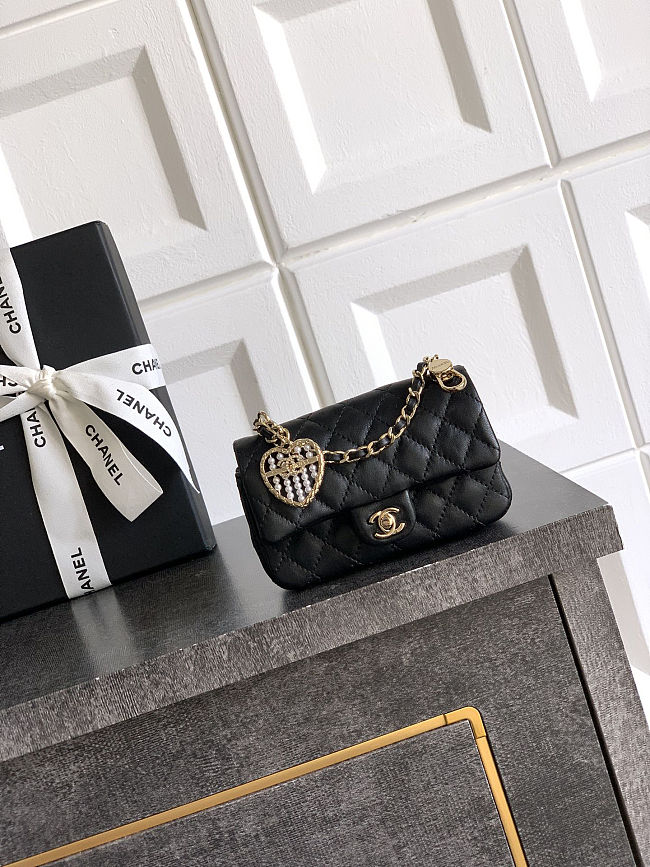 CHANEL Black Lambskin Quilted Nano Classic Double Flap Bag Charm Light Gold Hardware - 1