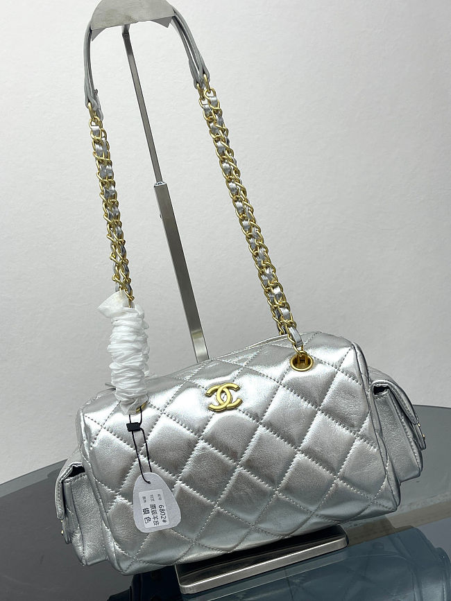 Chanel Silver Quilted Barrel Bag Gold Chain - 1