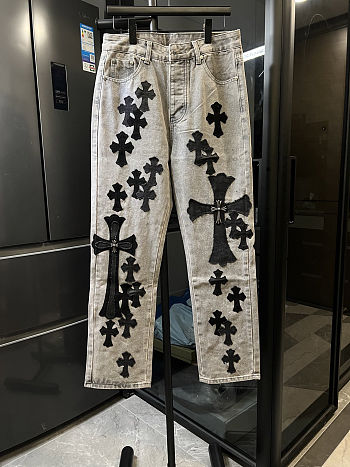 Chrome Hearts Silver Cross Patches Light Gray Jeans