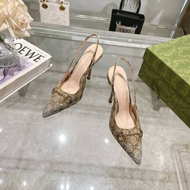 Women's slingback pump with crystal Horsebit in Beige and dark brown GG canvas - 1