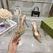 Women's slingback pump with crystal Horsebit in Beige and dark brown GG canvas - 3