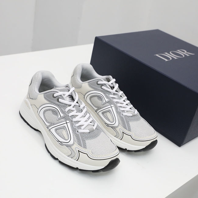 DIOR Unisex CD Shoes B30 Low-Top Sneaker Gray Mesh and White Technical Fabric - 1