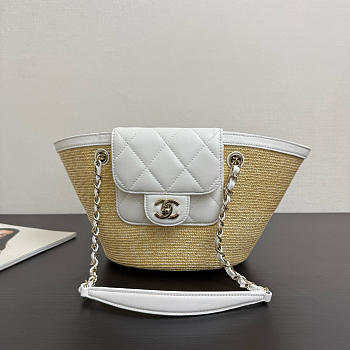 Chanel Small Shopping Tote Bag Beige Raffia and White Lambskin Light Gold Hardware