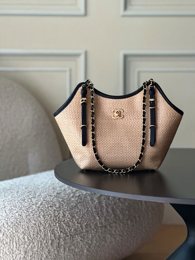 Chanel 25S Maxi Hobo Tote Shopping Tan Straw With Black Trim Bag Size 31cm - 1