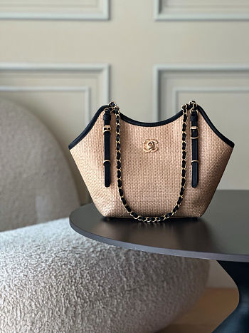 Chanel 25S Maxi Hobo Tote Shopping Tan Straw With Black Trim Bag Size 31cm