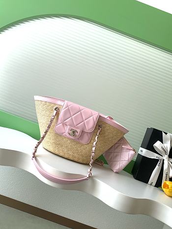 Chanel Large Shopping Tote Bag Beige Raffia and Light Pink Lambskin Light Gold Hardware