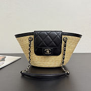 Chanel Small Shopping Tote Bag Beige Raffia and Black Lambskin Light Gold Hardware - 1