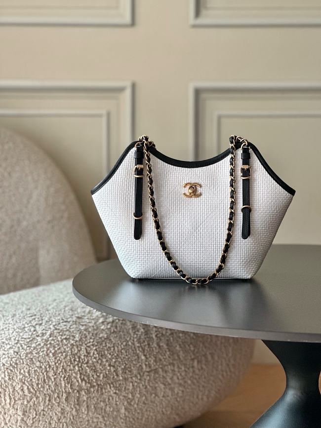 Chanel Maxi Shopping Bag Braided Raffia, Calfskin & Gold-Tone Metal White & Black - 1