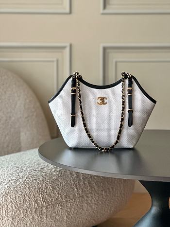 Chanel Maxi Shopping Bag Braided Raffia, Calfskin & Gold-Tone Metal White & Black