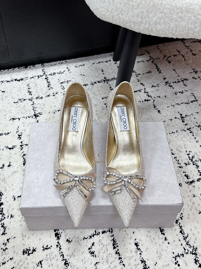Jimmy Choo Auria 70 Light Soft Gold Caviar Glitter Fabric Pumps with Crystal Embellished Bows 70mm - 1