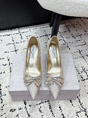 Jimmy Choo Auria 70 Light Soft Gold Caviar Glitter Fabric Pumps with Crystal Embellished Bows 70mm - 1
