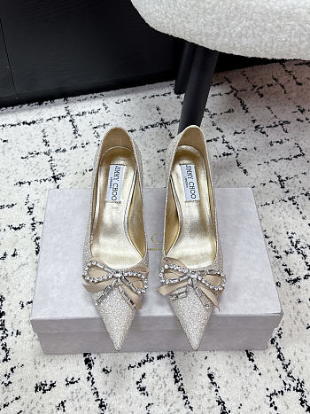 Jimmy Choo Auria 70 Light Soft Gold Caviar Glitter Fabric Pumps with Crystal Embellished Bows 70mm