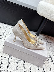 Jimmy Choo Auria 70 Light Soft Gold Caviar Glitter Fabric Pumps with Crystal Embellished Bows 70mm - 2