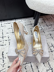 Jimmy Choo Auria 70 Light Soft Gold Caviar Glitter Fabric Pumps with Crystal Embellished Bows 70mm - 4