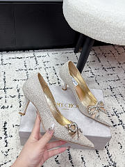 Jimmy Choo Auria 70 Light Soft Gold Caviar Glitter Fabric Pumps with Crystal Embellished Bows 70mm - 3