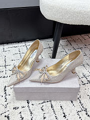 Jimmy Choo Auria 70 Light Soft Gold Caviar Glitter Fabric Pumps with Crystal Embellished Bows 70mm - 6
