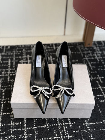 Jimmy Choo Auria 70 Black Soft Spazzolato Pumps with Velvet and Crystal Bow 70mm