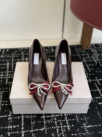 Jimmy Choo Auria 70 Deep Merlot Soft Spazzolato Pumps with Satin and Crystal Bows 70mm