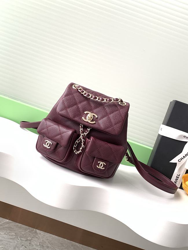 Chanel Grain Embossed Calfskin Backpack Women's Deep Red Size 17.5x16.5x10cm - 1