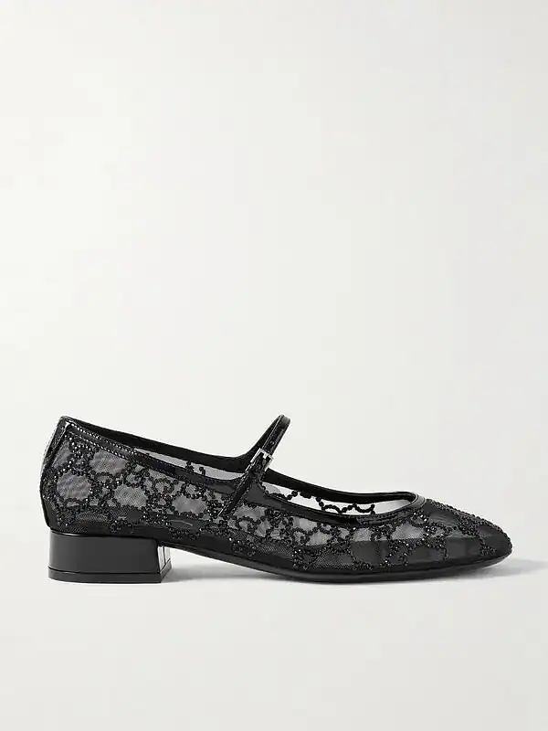 Gucci charline patent leather-trimmed crystal-embellished mesh mary jane pumps - 1